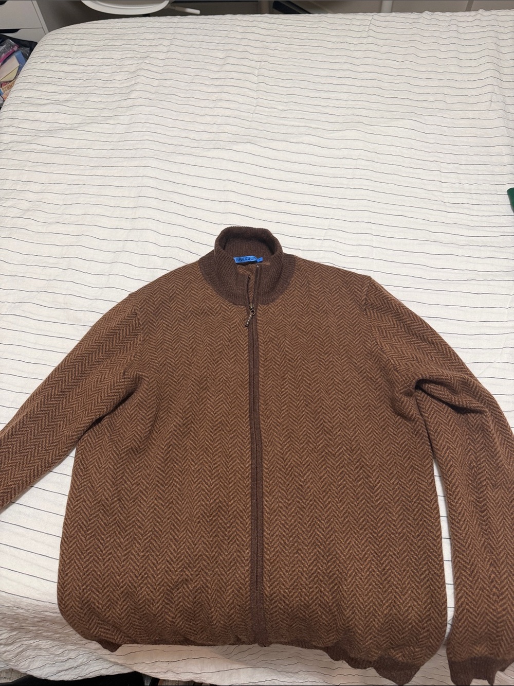 Men's Brown Herringbone Full-Zip Sweater Jacket